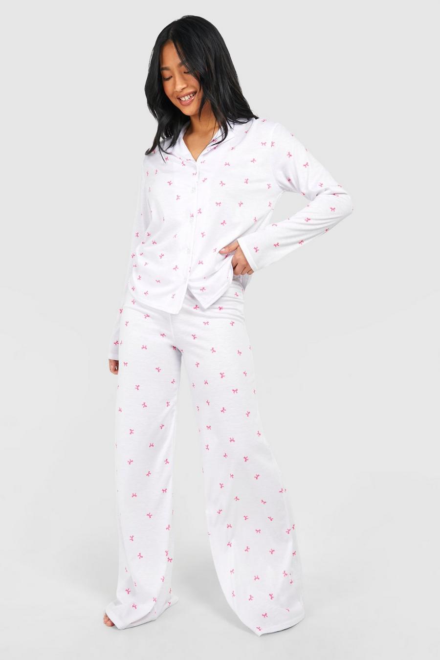 White Petite Bow Print Pyjama Set image number 1