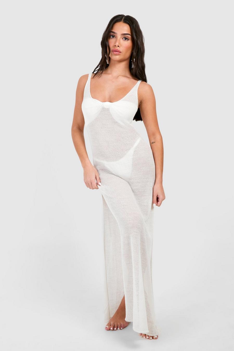 White Petite Sheer Knit Maxi Beach Dress image number 1