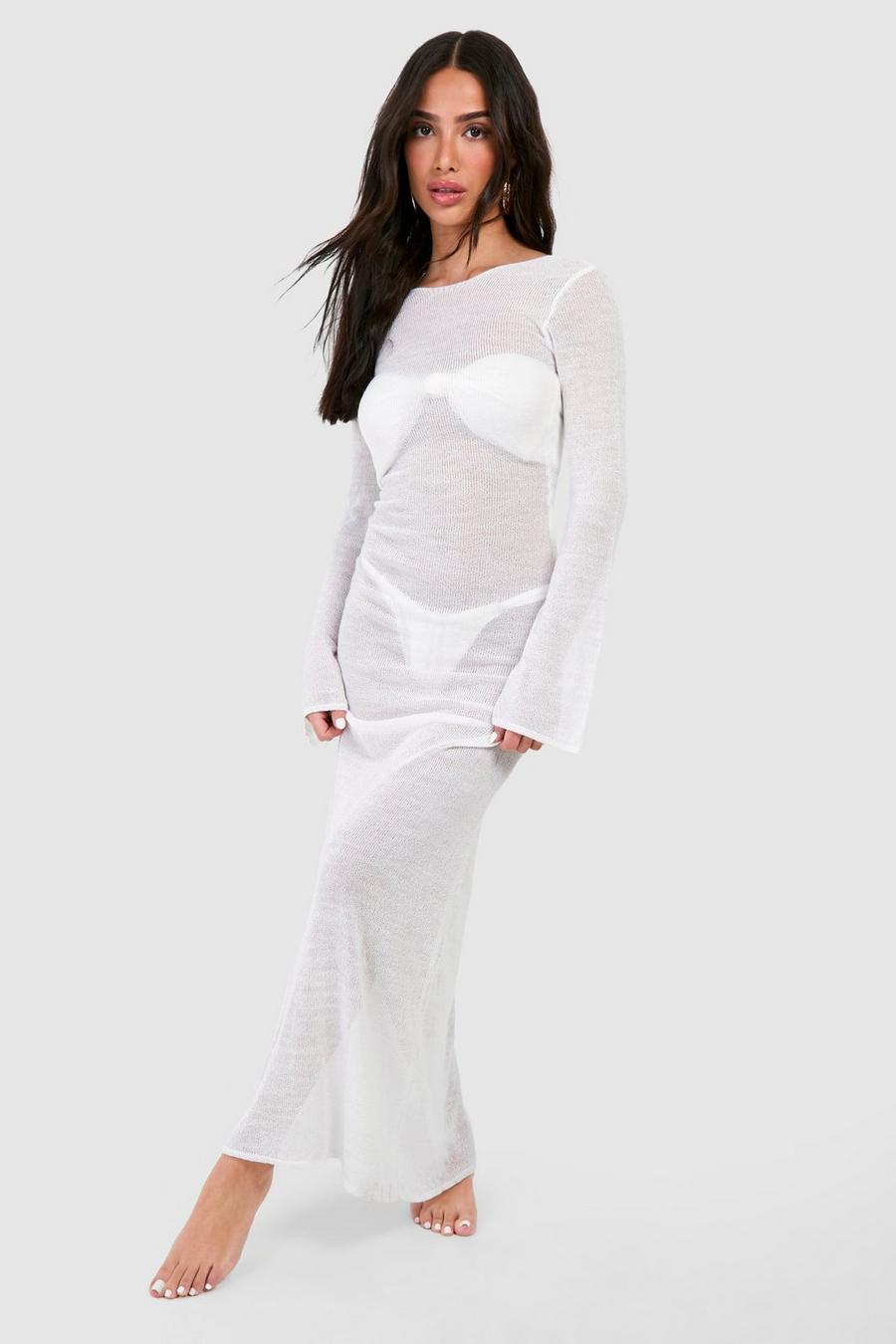 White Petite Knit Low Back Maxi Beach Dress