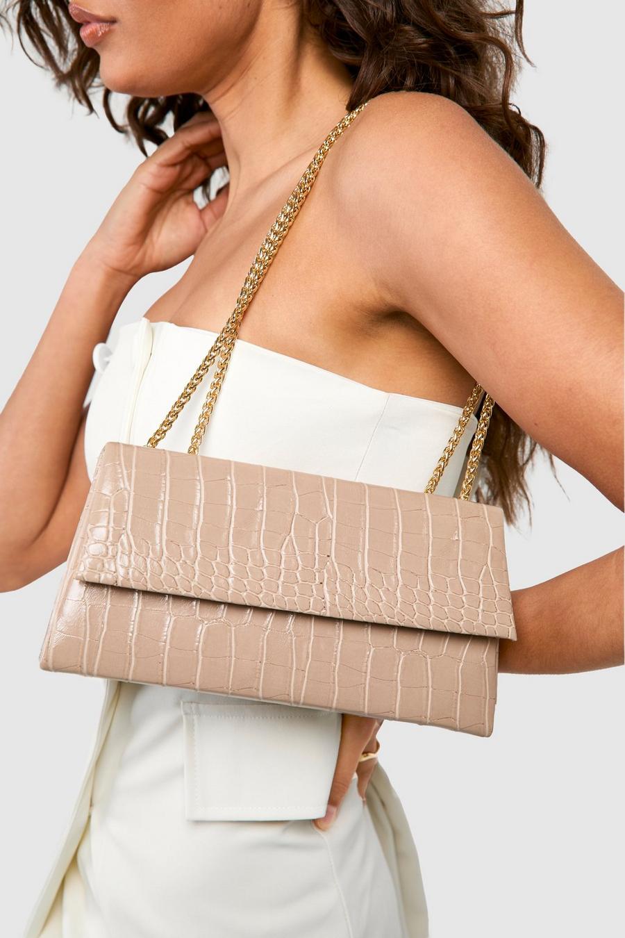 Nude Croc Structured Crossbody Chain Bag