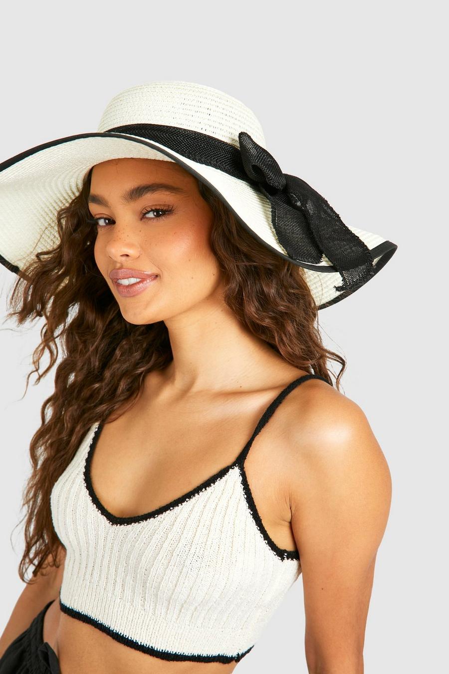 Sombrero de verano con ribete en contraste y lazo, Natural