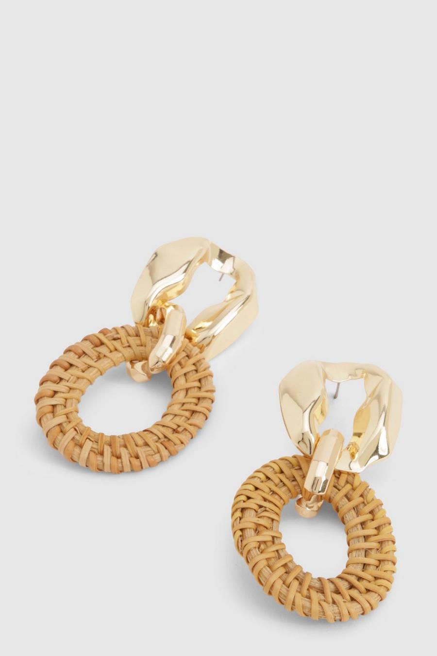 Gold Raffia Drop Hoop Earrings