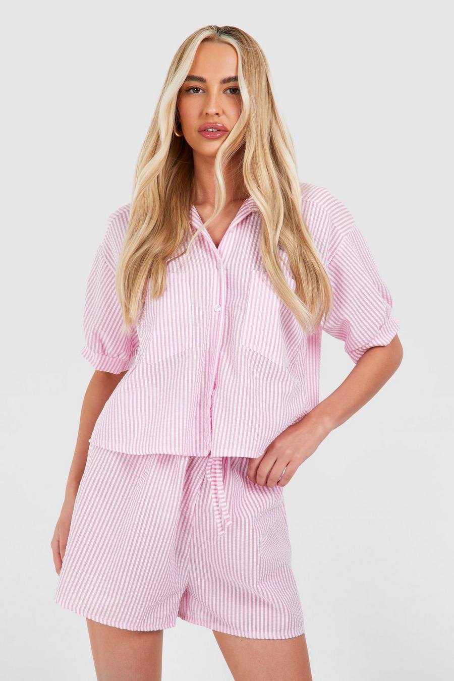 Pink Tall Woven Textured Pinstripe Cropped Shirt image number 1