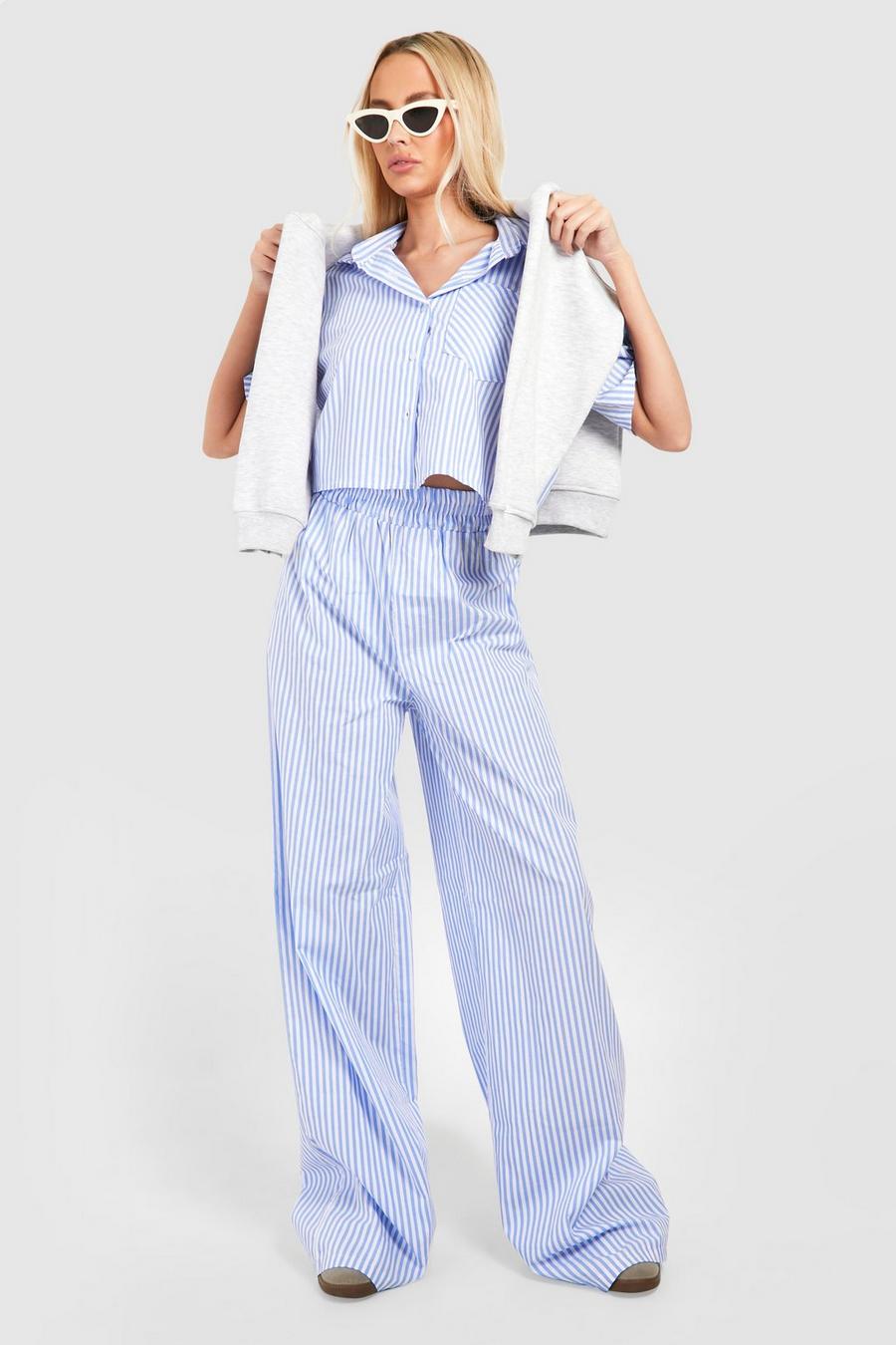 Blue Tall Woven Pinstripe Wide Leg Trousers  image number 1