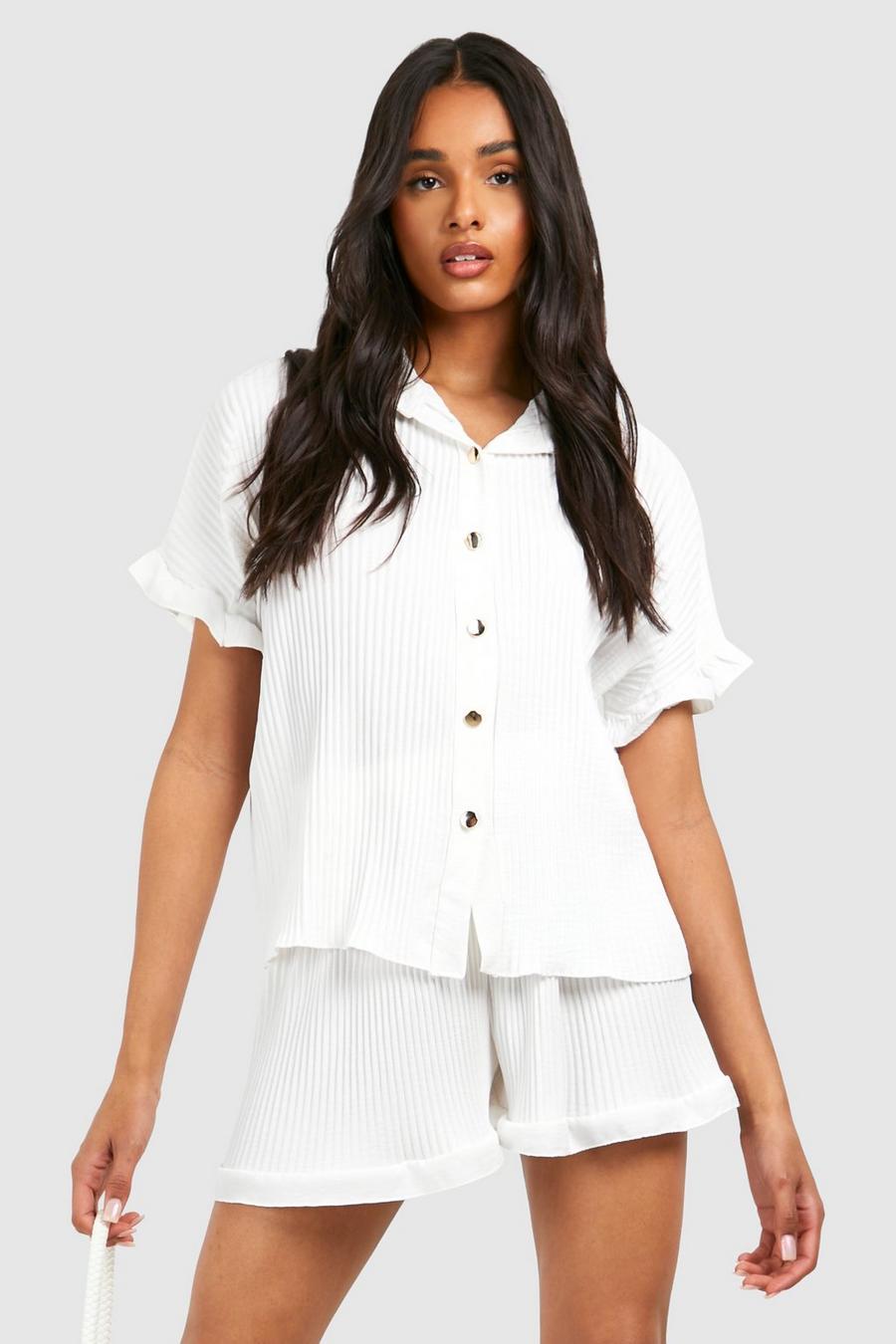 White Tall Woven Pleated Shirt & Short Set  image number 1