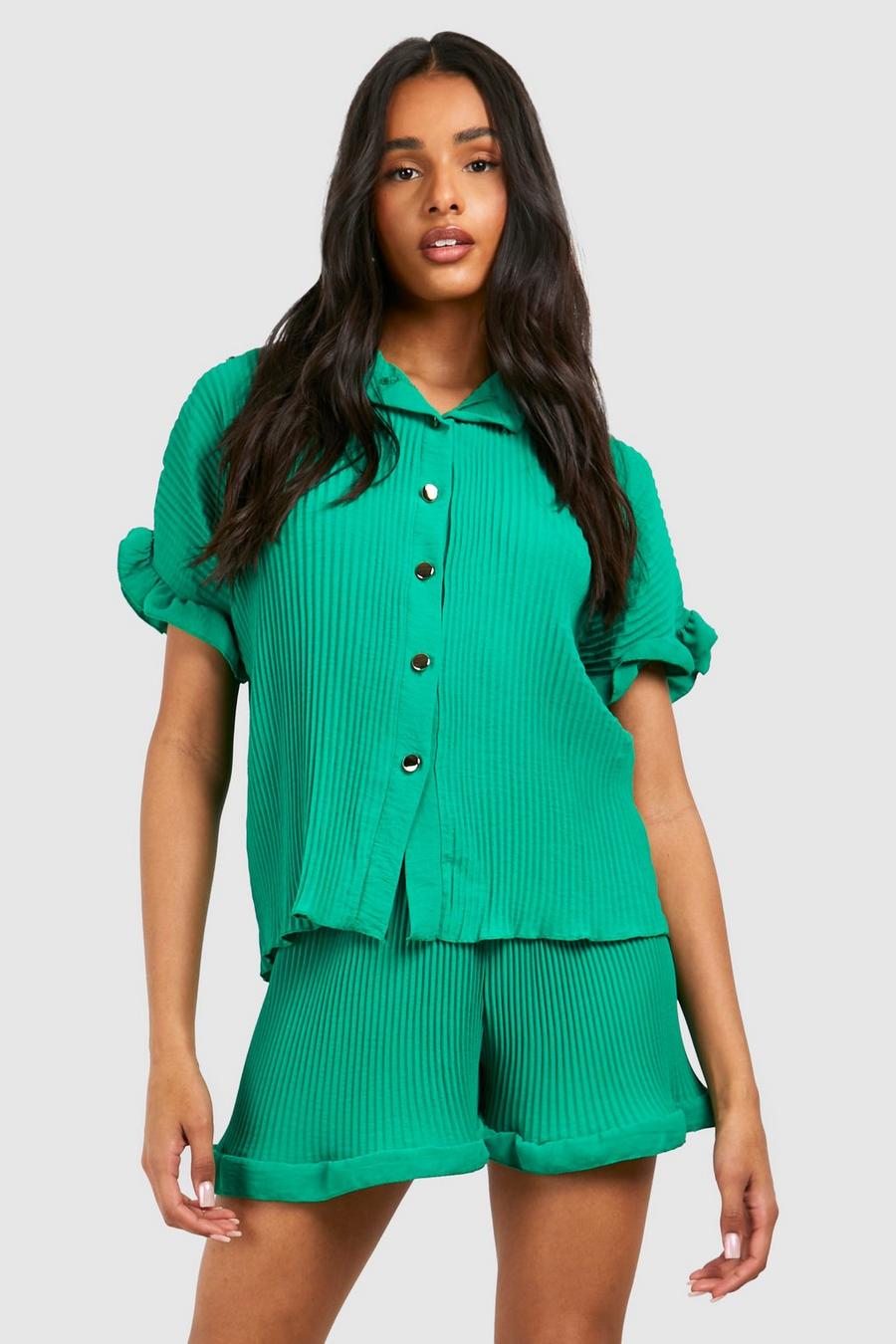 Green Tall Geweven Geplooid Overhemd En Shorts Set image number 1