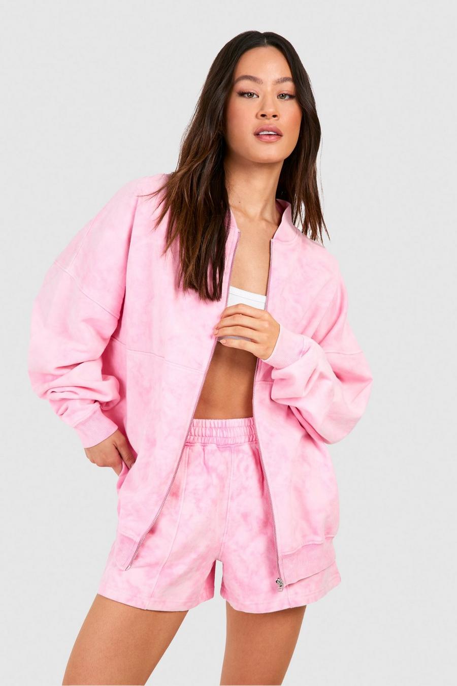 Pink Tall Acid Wash Bomber Short Tracksuit