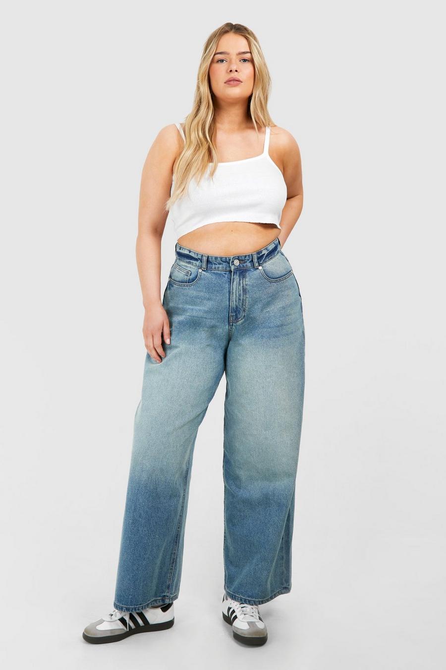 Jeans dritti Plus Size oversize in denim con fiocco sul retro, Mid blue