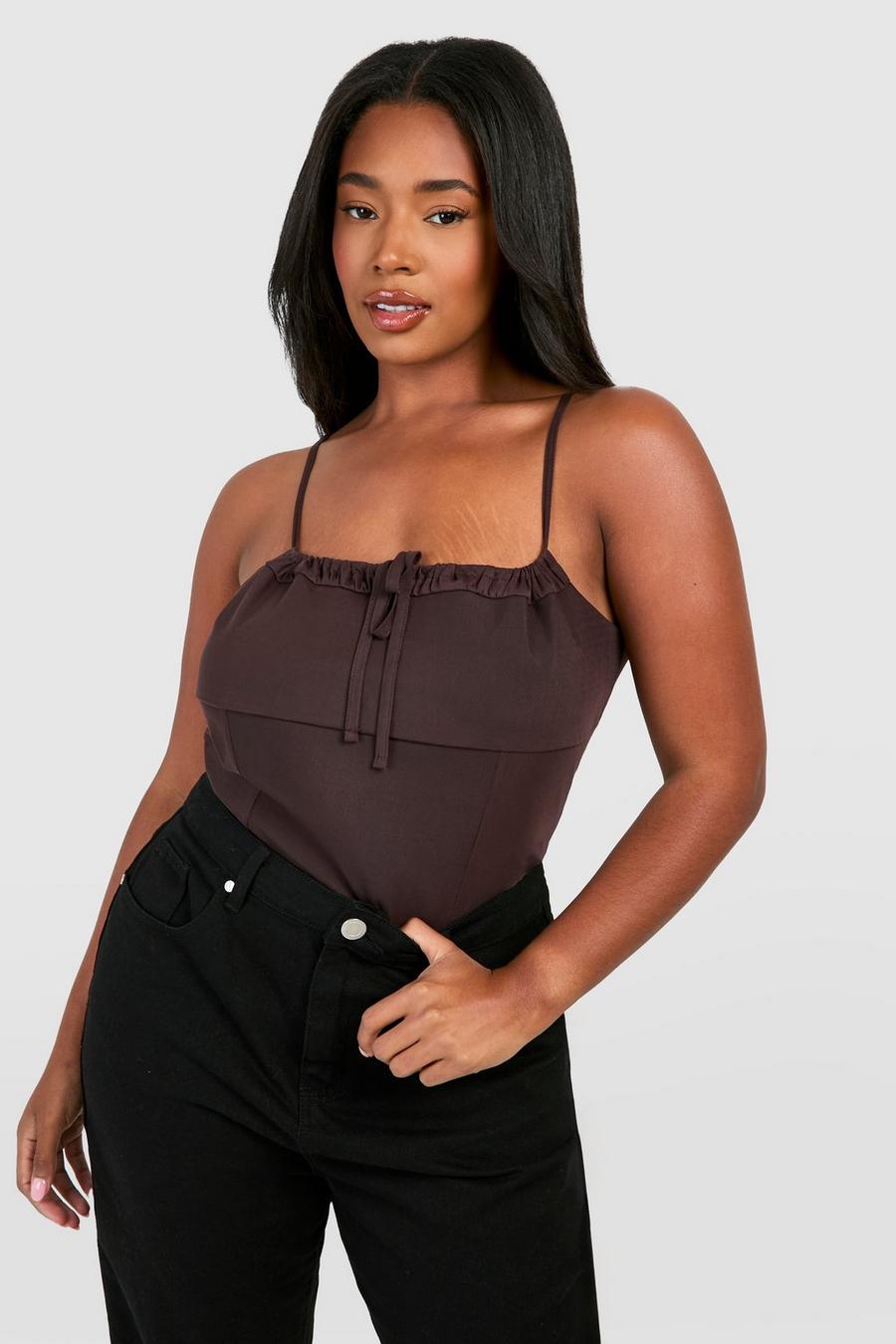 Top a corsetto Plus Size in rete con laccetti frontali, Chocolate