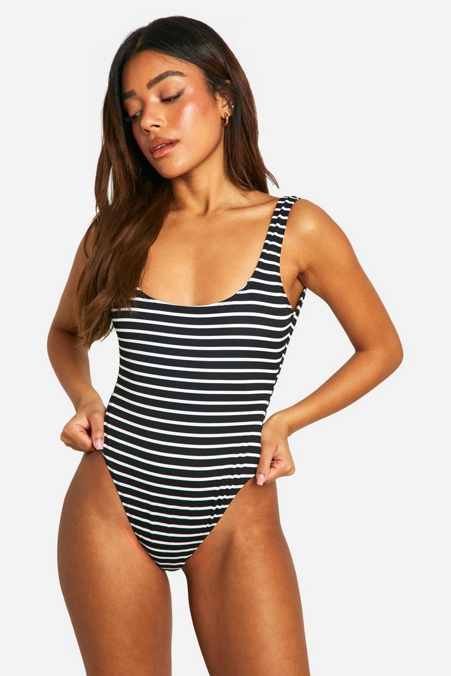 Black Mono Stripe Rib Square Neck Swimsuit