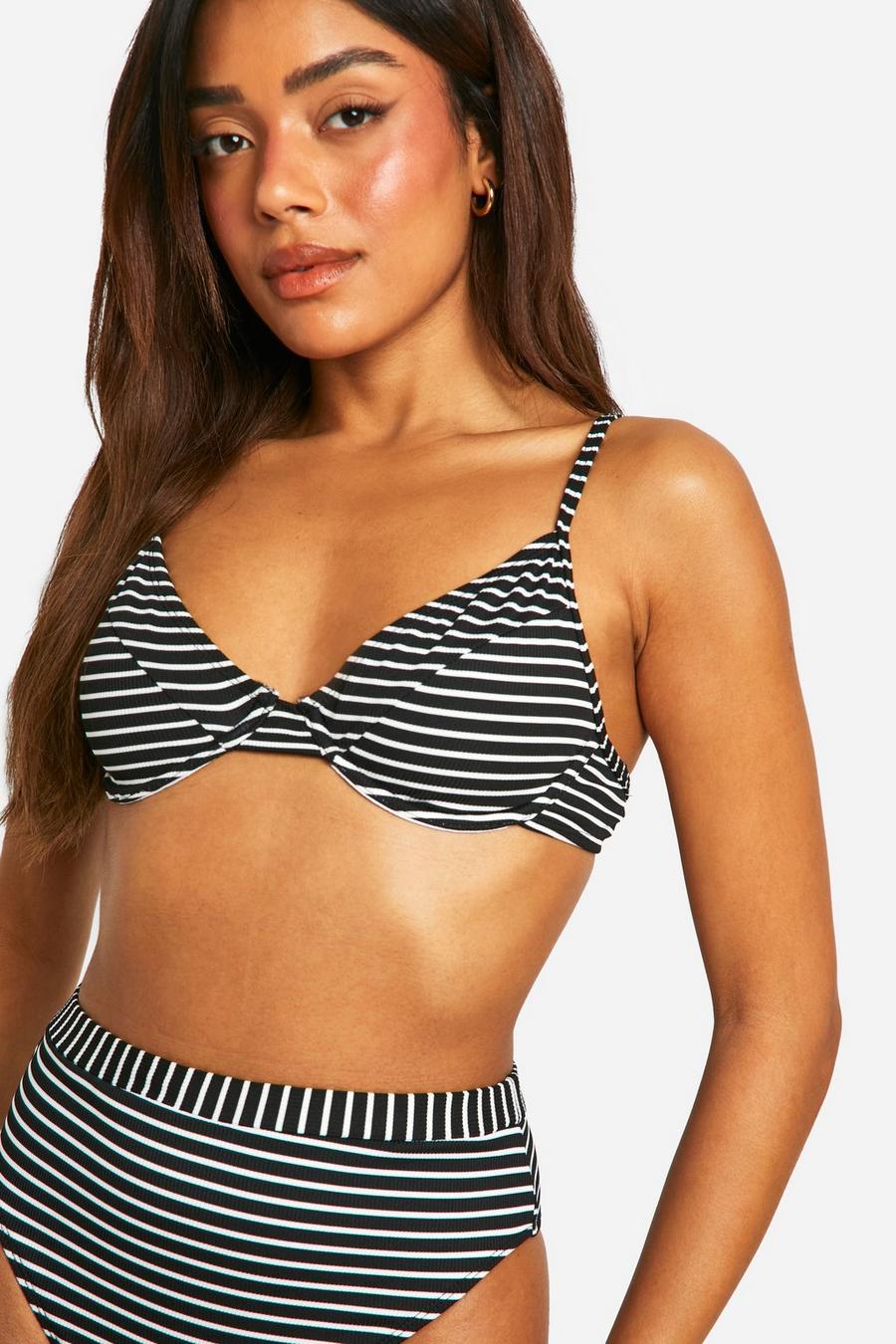 Geripptes Bikinioberteil mit Bügeln und Streifen, Black image number 1