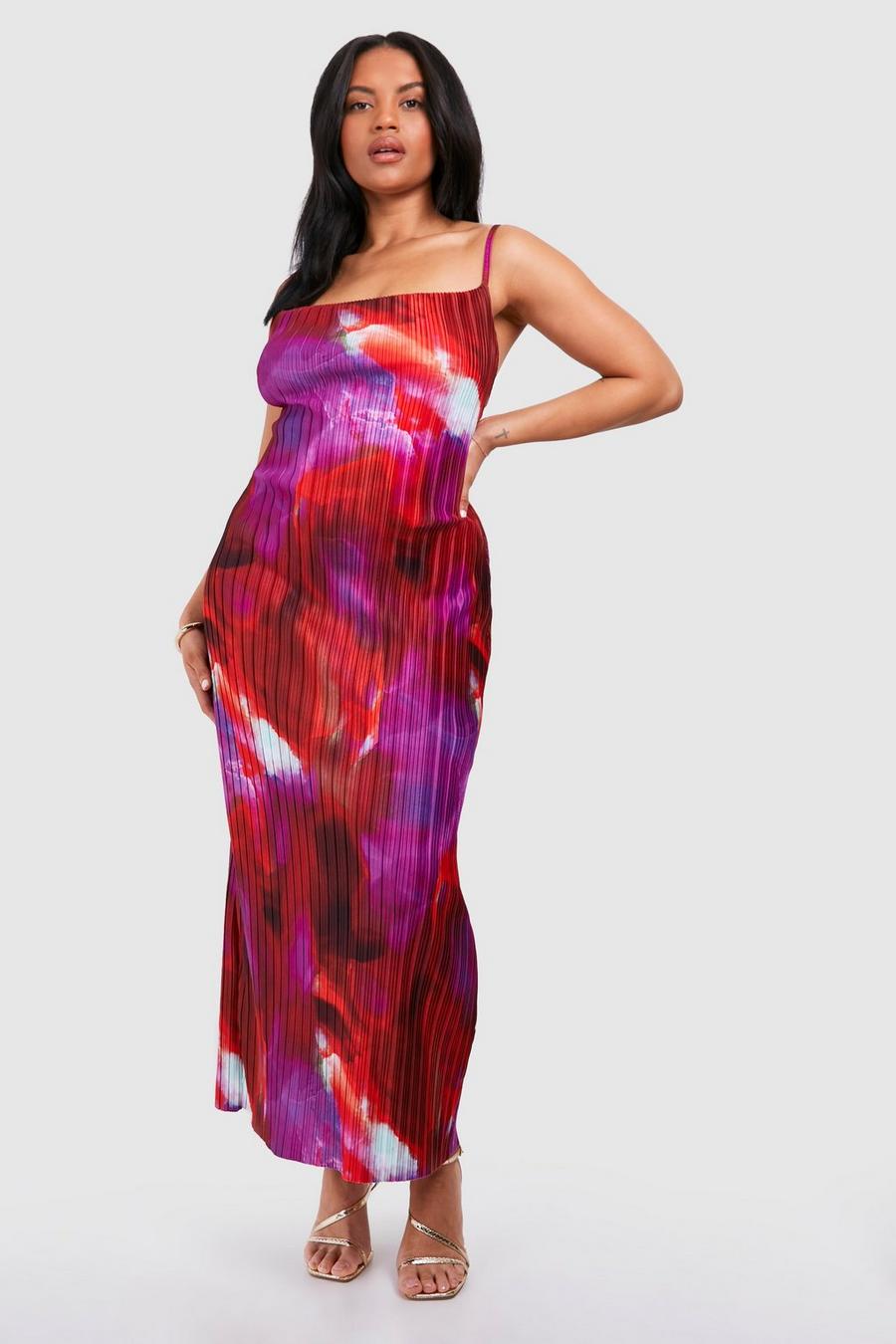 Pink Plus Abstract Print Cowl Neck Plisse Maxi Dress image number 1