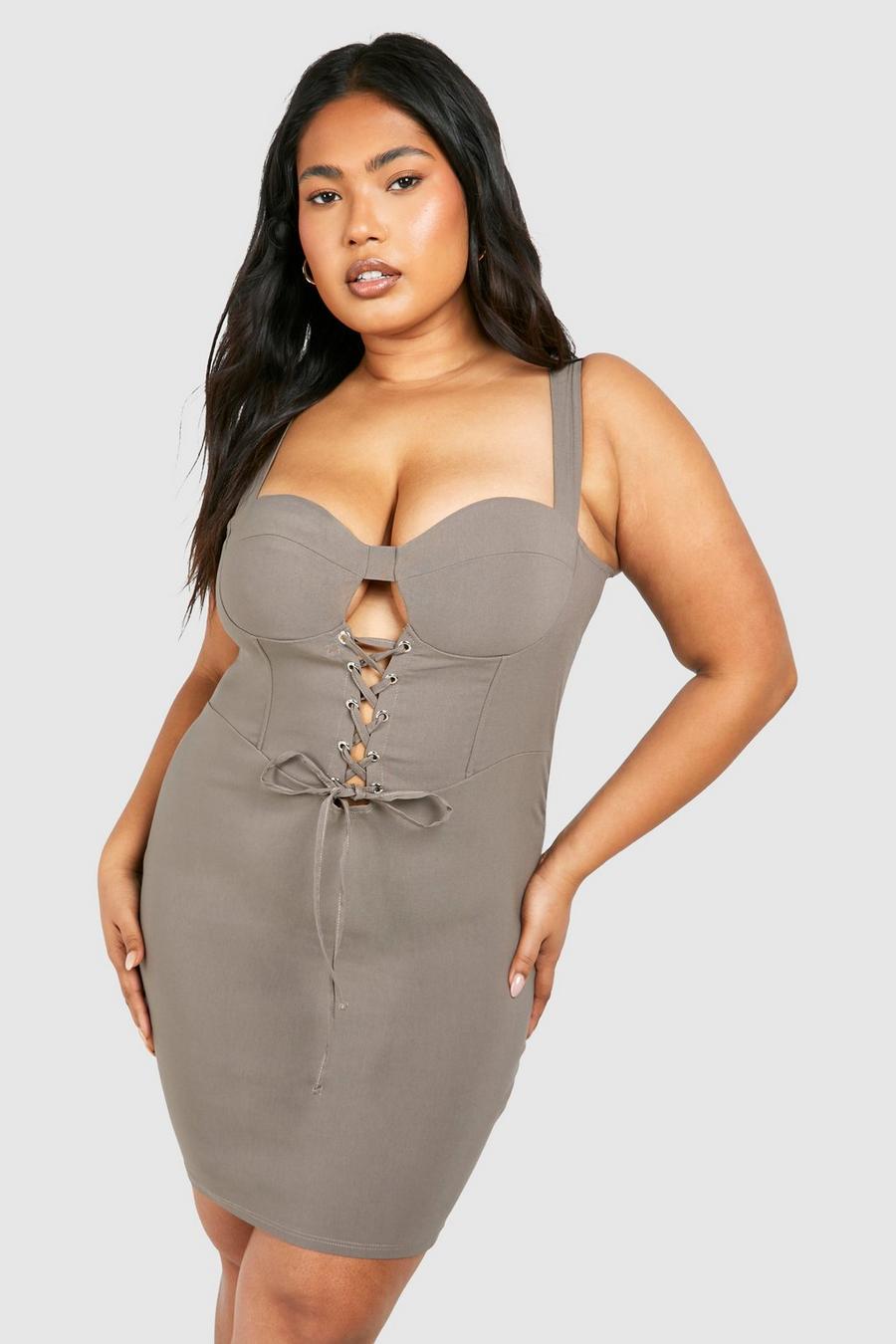 Taupe Plus Bengaline Lace Up Bodycon Dress 