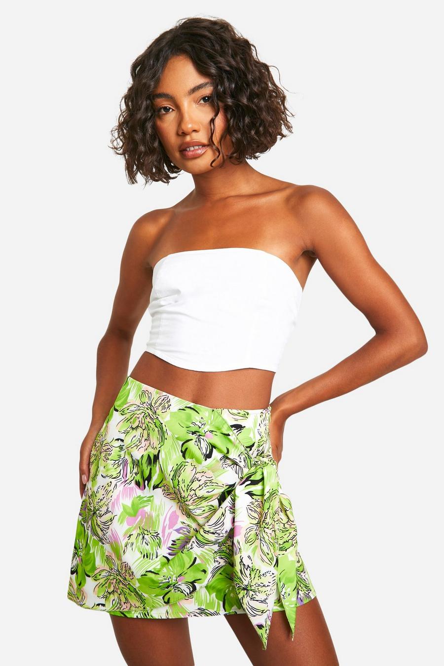 Tall Woven Floral Print Tie Mini Skirt , Stone