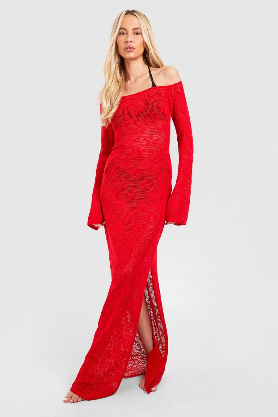Red Tall Off The Shoulder Floral Crochet Maxi Dress