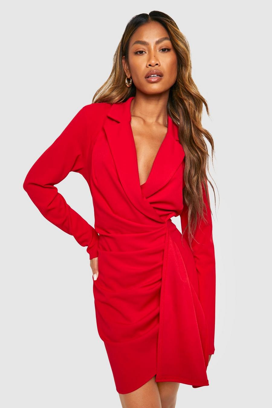 Red Ruched Drape Long Sleeve Blazer Dress image number 1
