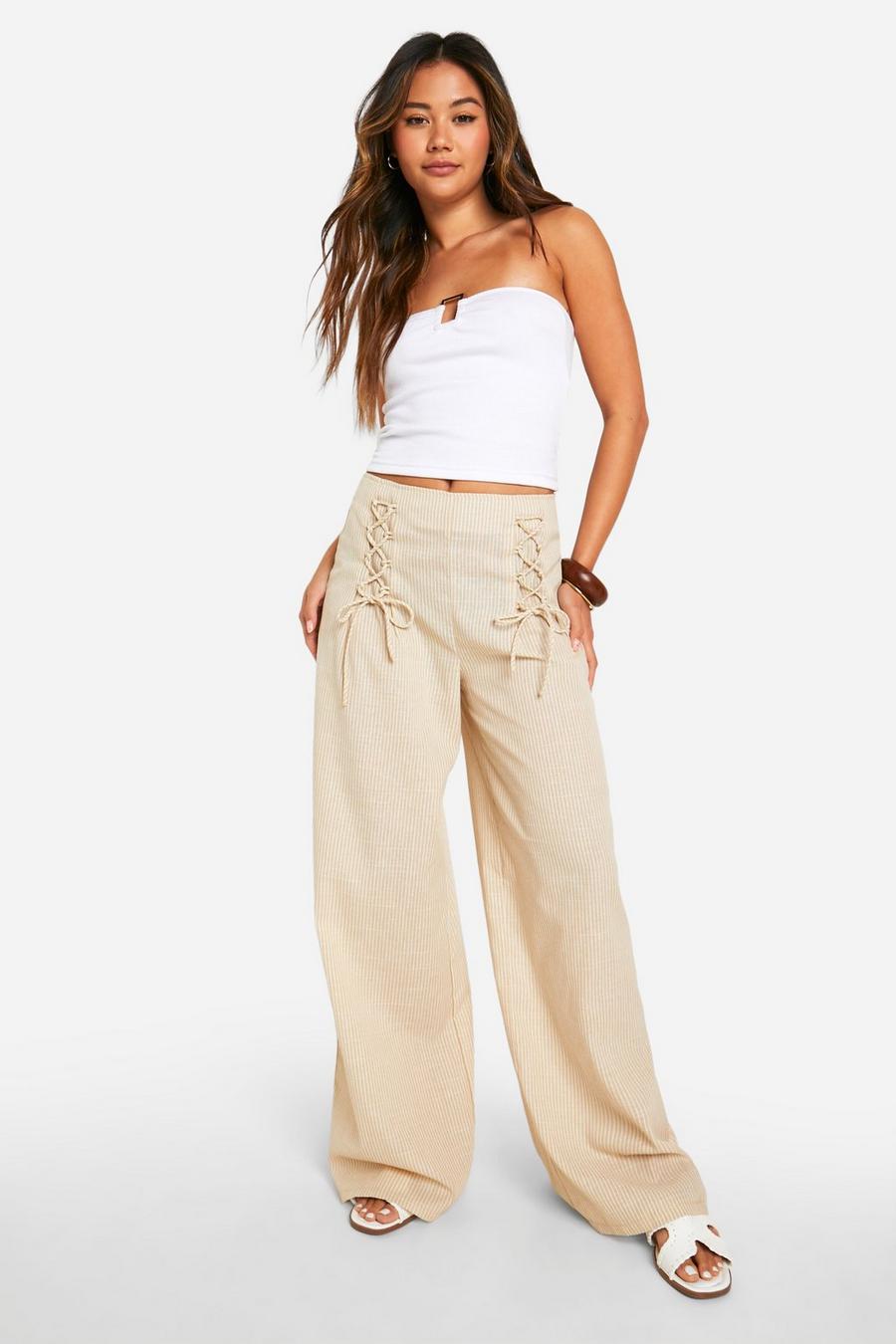 Stone Lace Up Pinstripe Wide Leg Trouser   image number 1