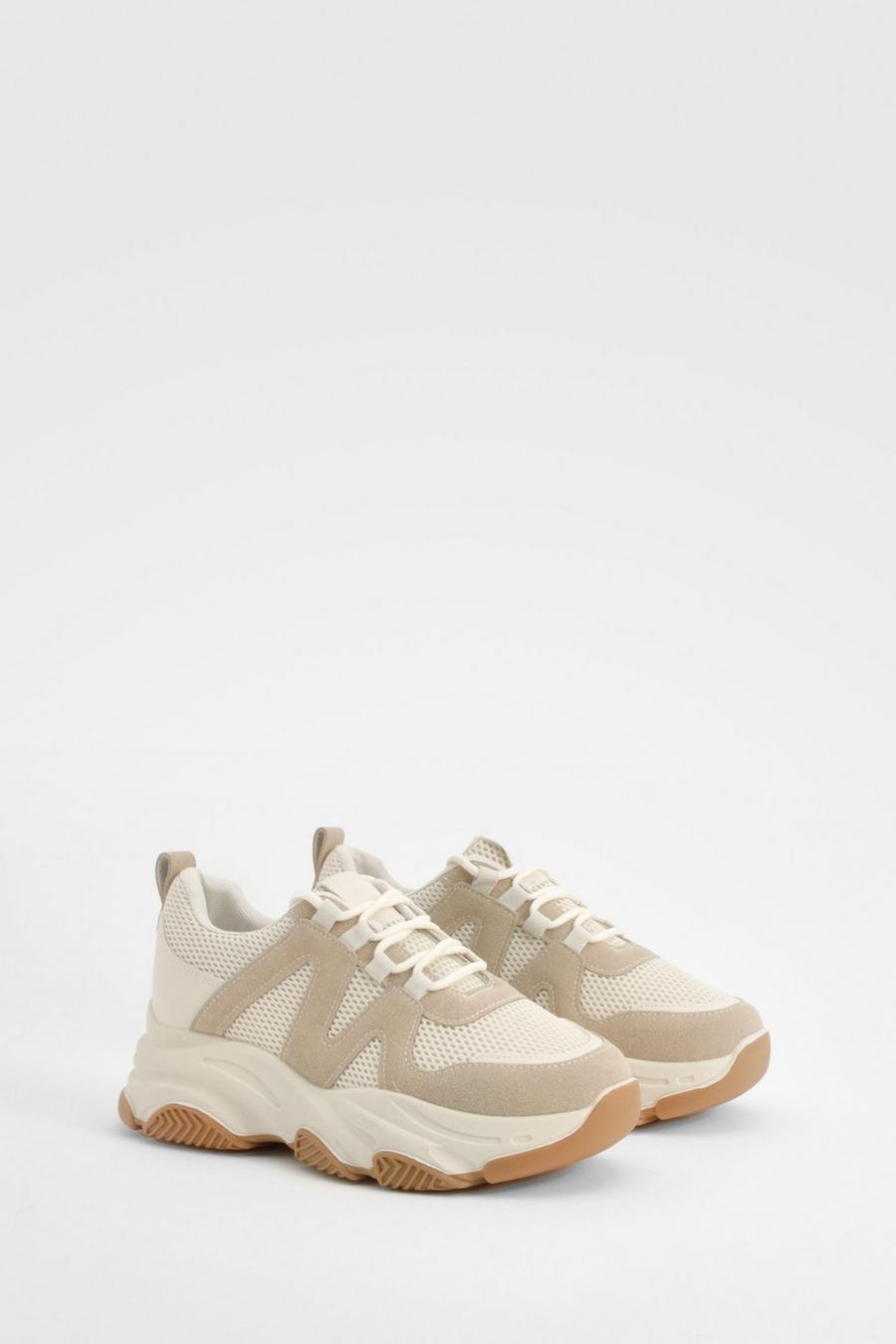 Cream Chunky Knitted Contrast Panel Sneakers image number 1