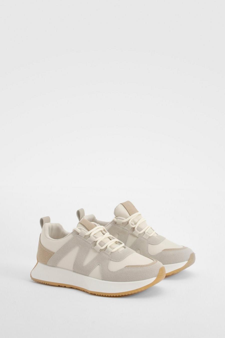 Cream Contrast Panel Chunky Sneakers