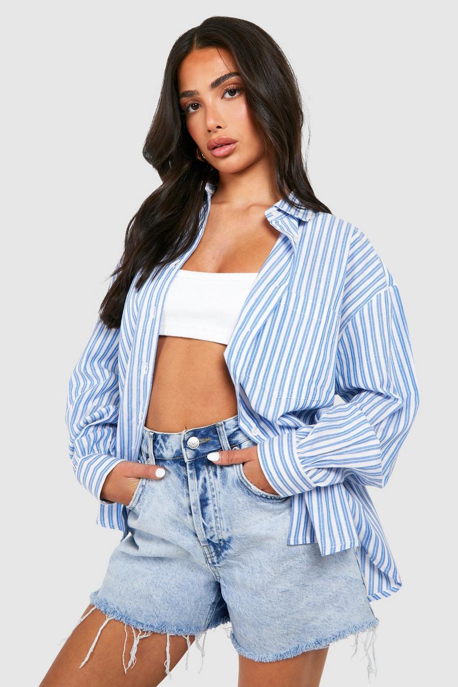 Blue Petite Cotton Oversized Striped Shirt image number 1