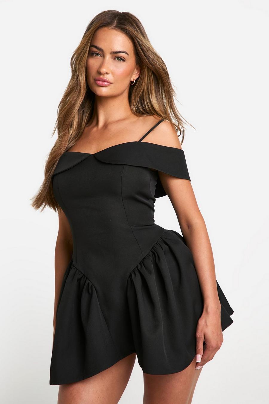 Black Strappy Tailored Full Skirt Mini Dress