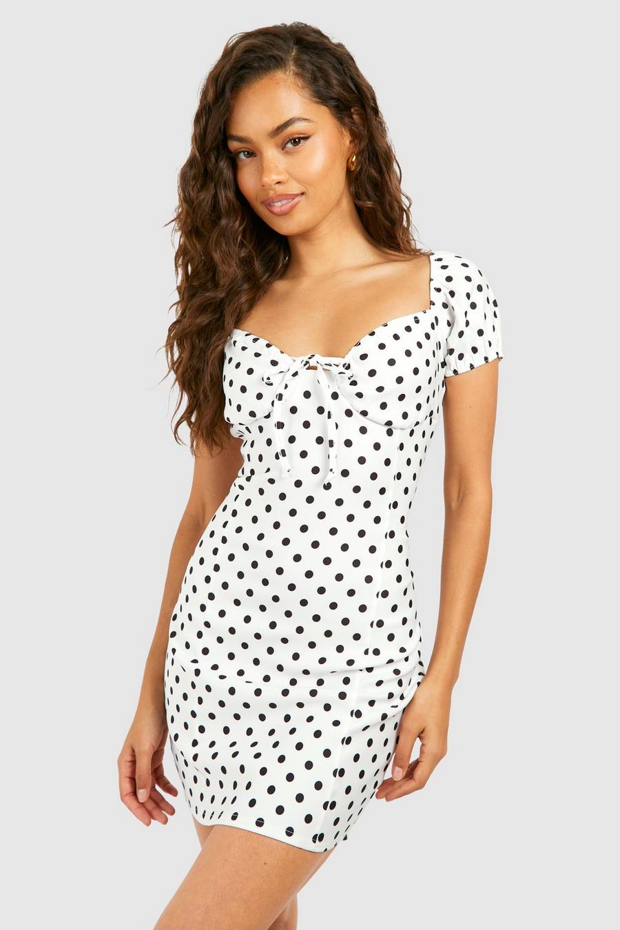 White Bengaline Polka Dot Milkmaid Mini Dress image number 1
