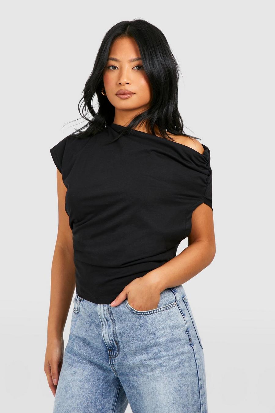 Petite gerafftes Baumwoll T-Shirt mit asymmetrischem Ausschnitt, Black