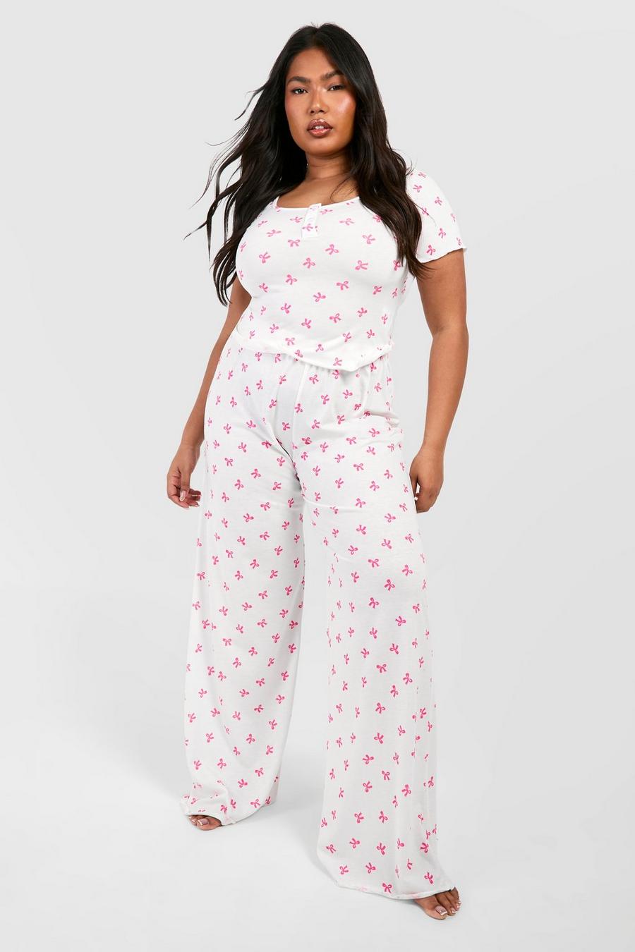 Pijama Plus de pantalón y top de tela jersey con lazo, White