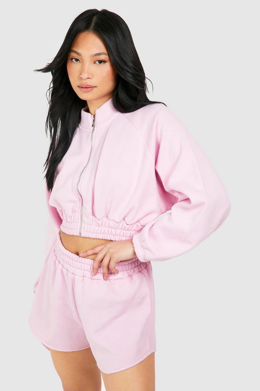 Baby pink Icon Washed Cropped Bomber Short Tracksuit