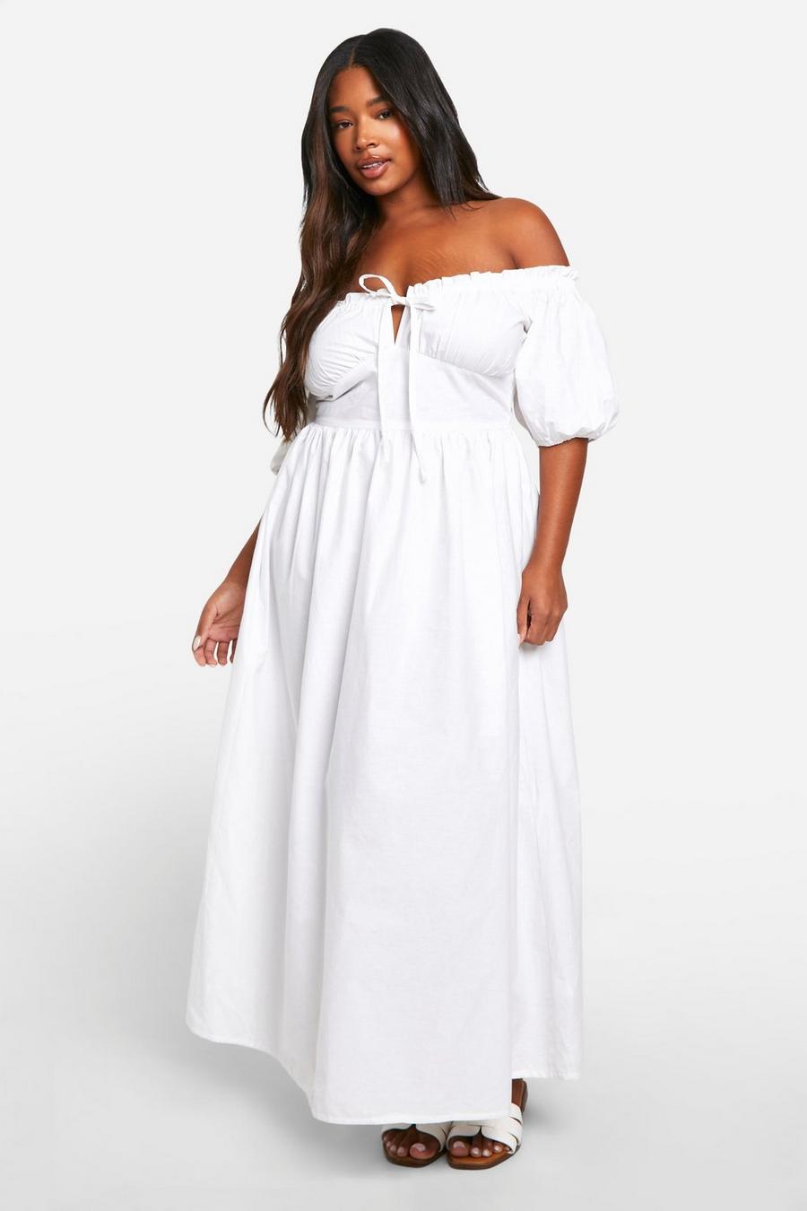 White Plus Puff Sleeve Midaxi Dress