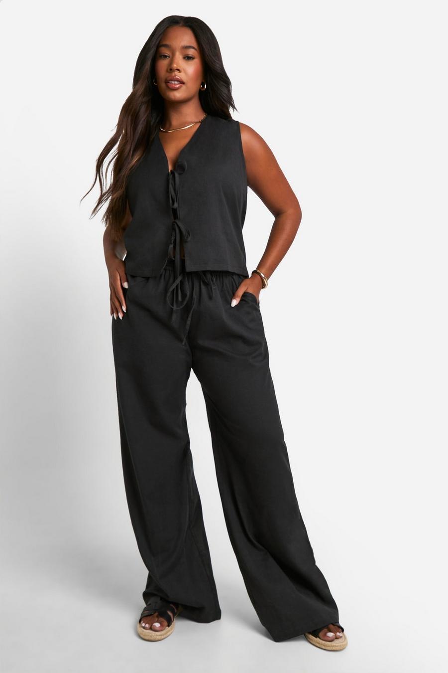 Black Plus Linen Look Tie Front Crop & Wide Leg Trousers