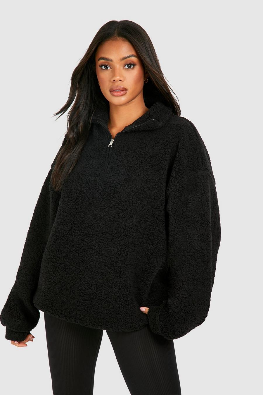 Black Oversize sweatshirt i teddy med kort dragkedja image number 1
