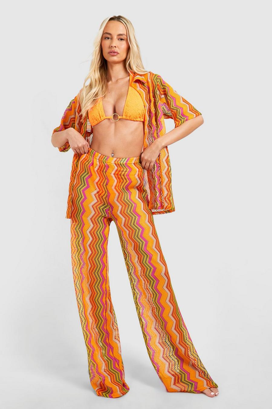 Tall gehäkelte Strandhose mit Zick-Zack Print, Orange