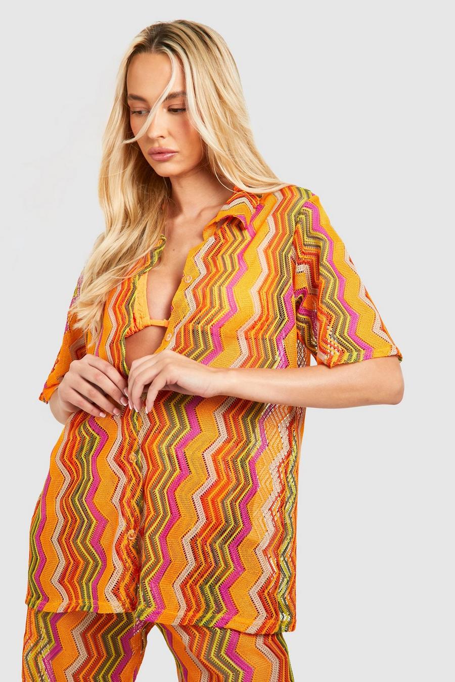 Orange Tall Zig Zag Crochet Beach Shirt 