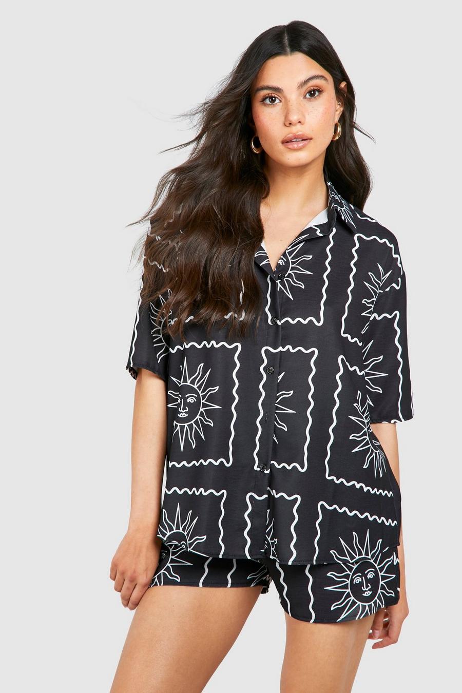 Black Hammered Sun Print Relaxed Fit Shirt & Shorts