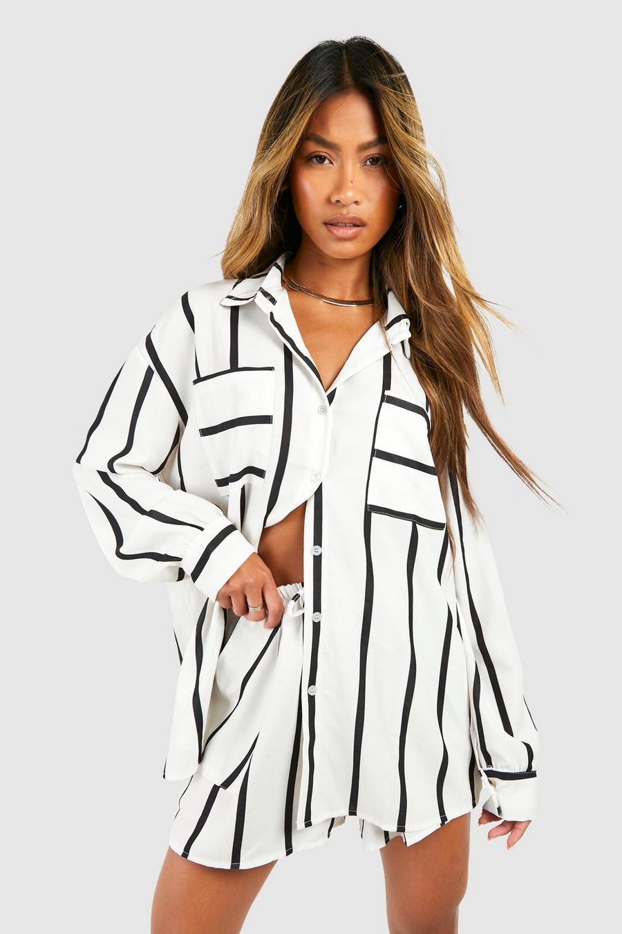 Cream Hammered Mono Stripe Relaxed Fit Shirt image number 1