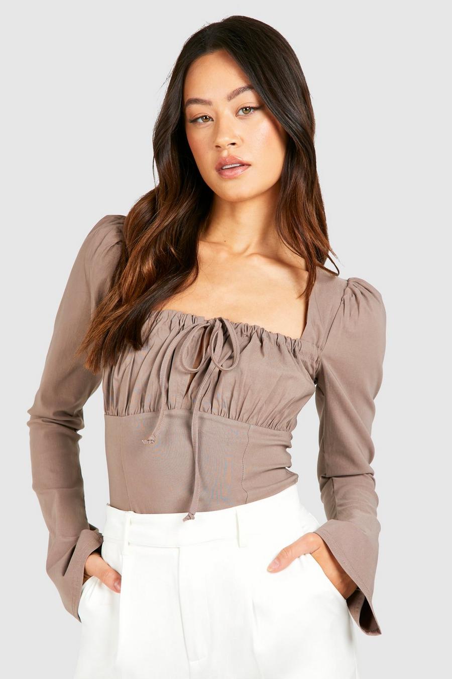 Taupe Tall Bengaline Ruched Bust Detail Top  image number 1