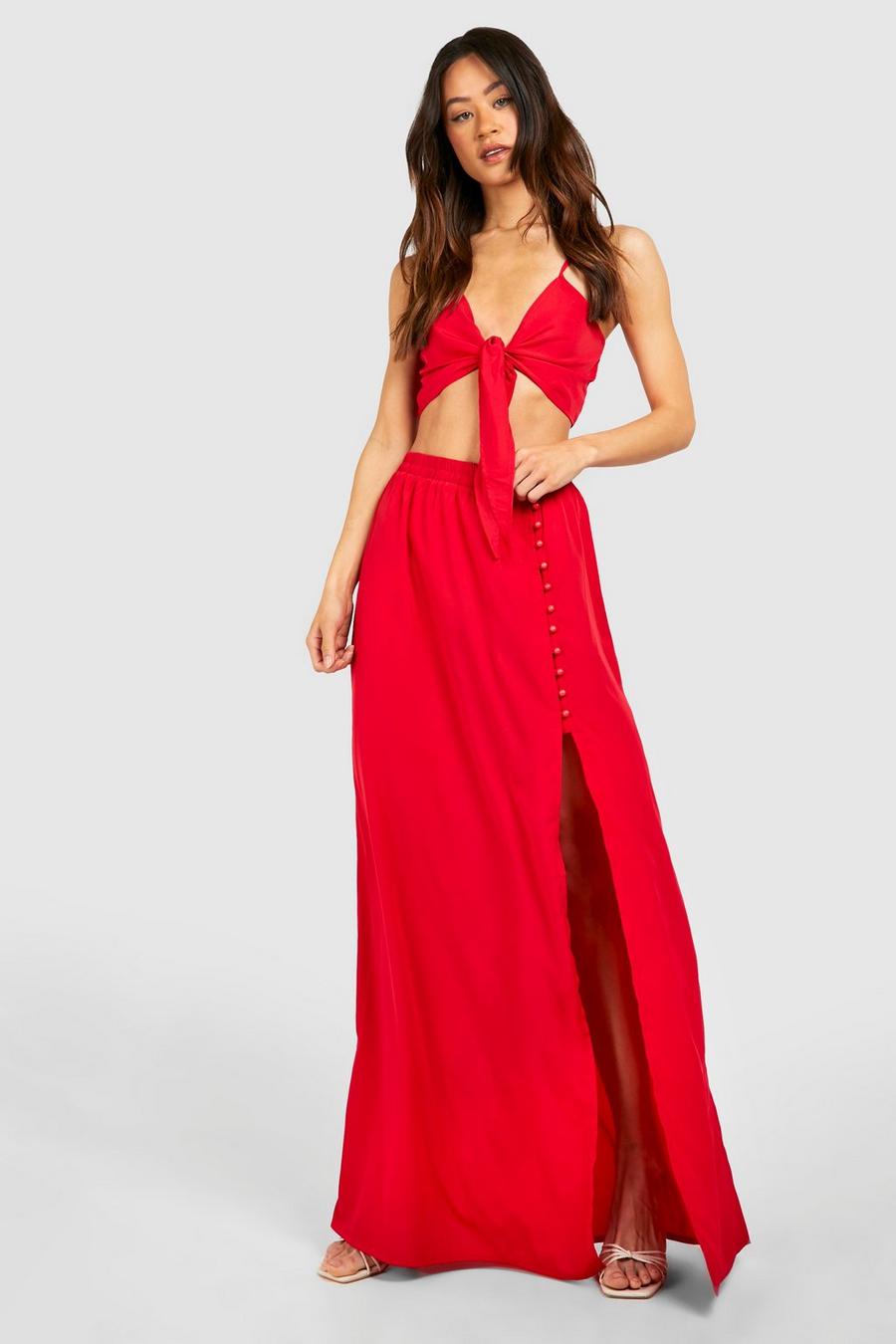 Tall Tie Front Top And Maxi Skirt Co-ord, Red
