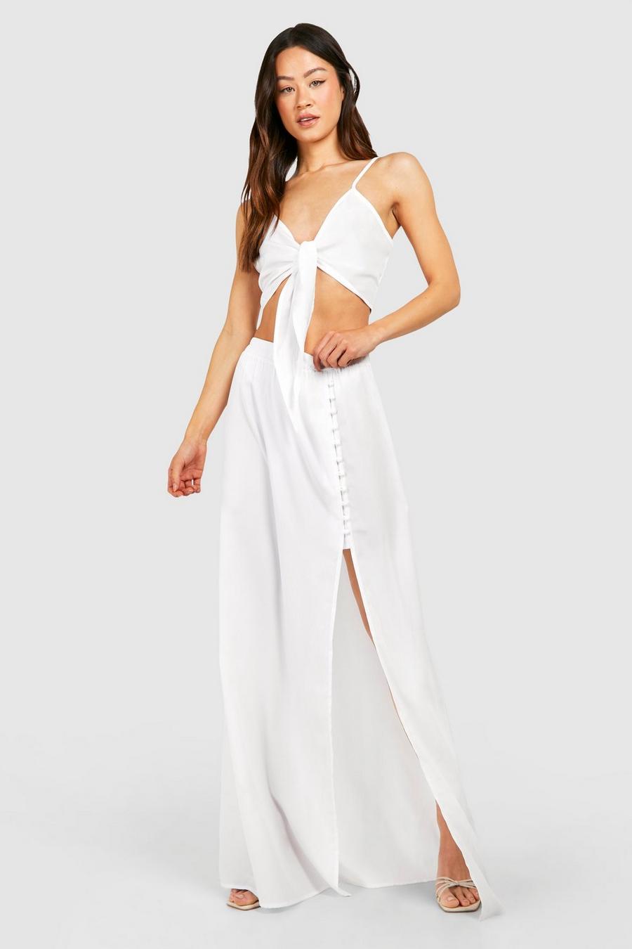 White Tall Tie Front Top And Maxi Skirt Co-ord