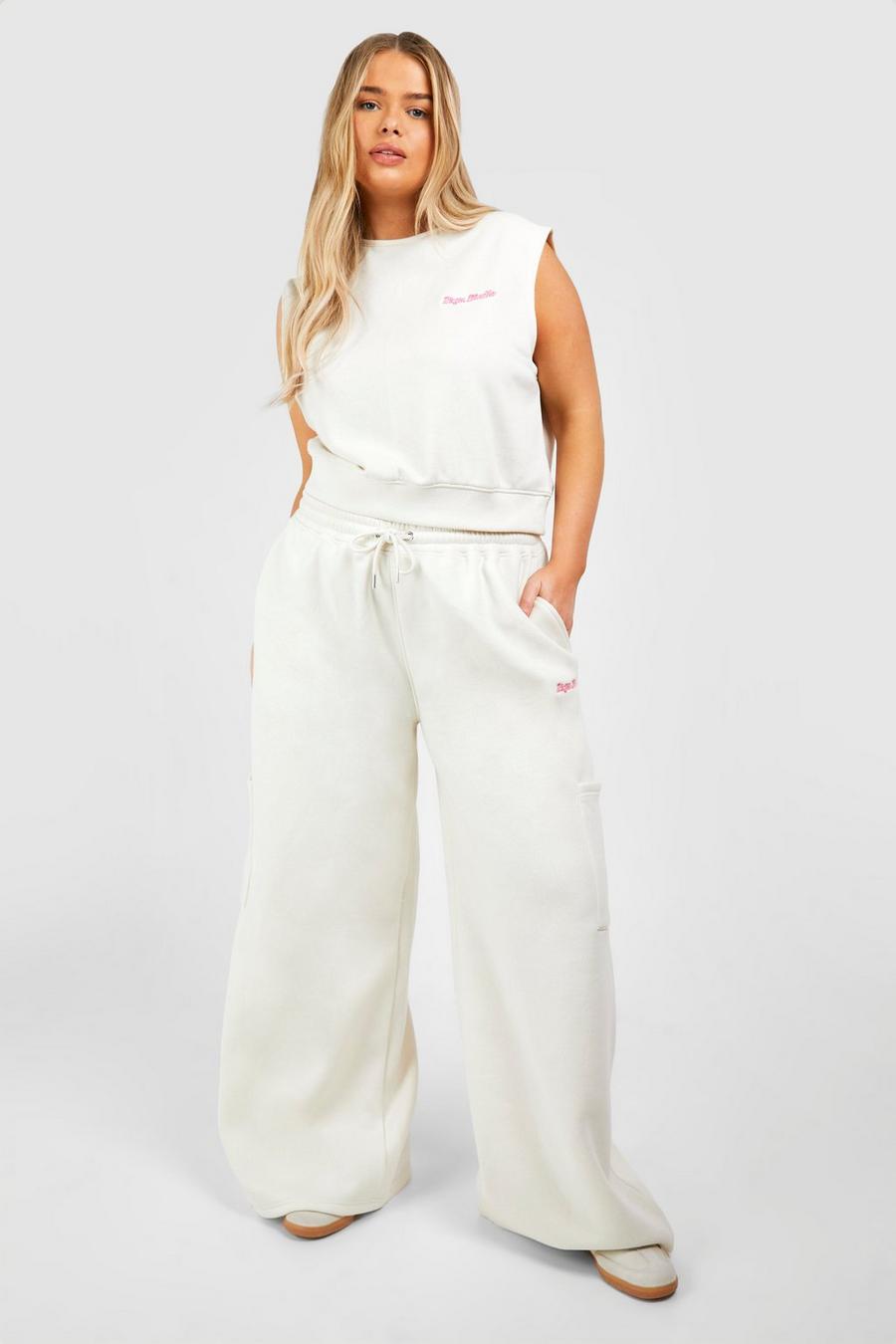 Pantaloni tuta Plus Size con scritta Dsgn Studio e tasche Cargo, Ecru image number 1