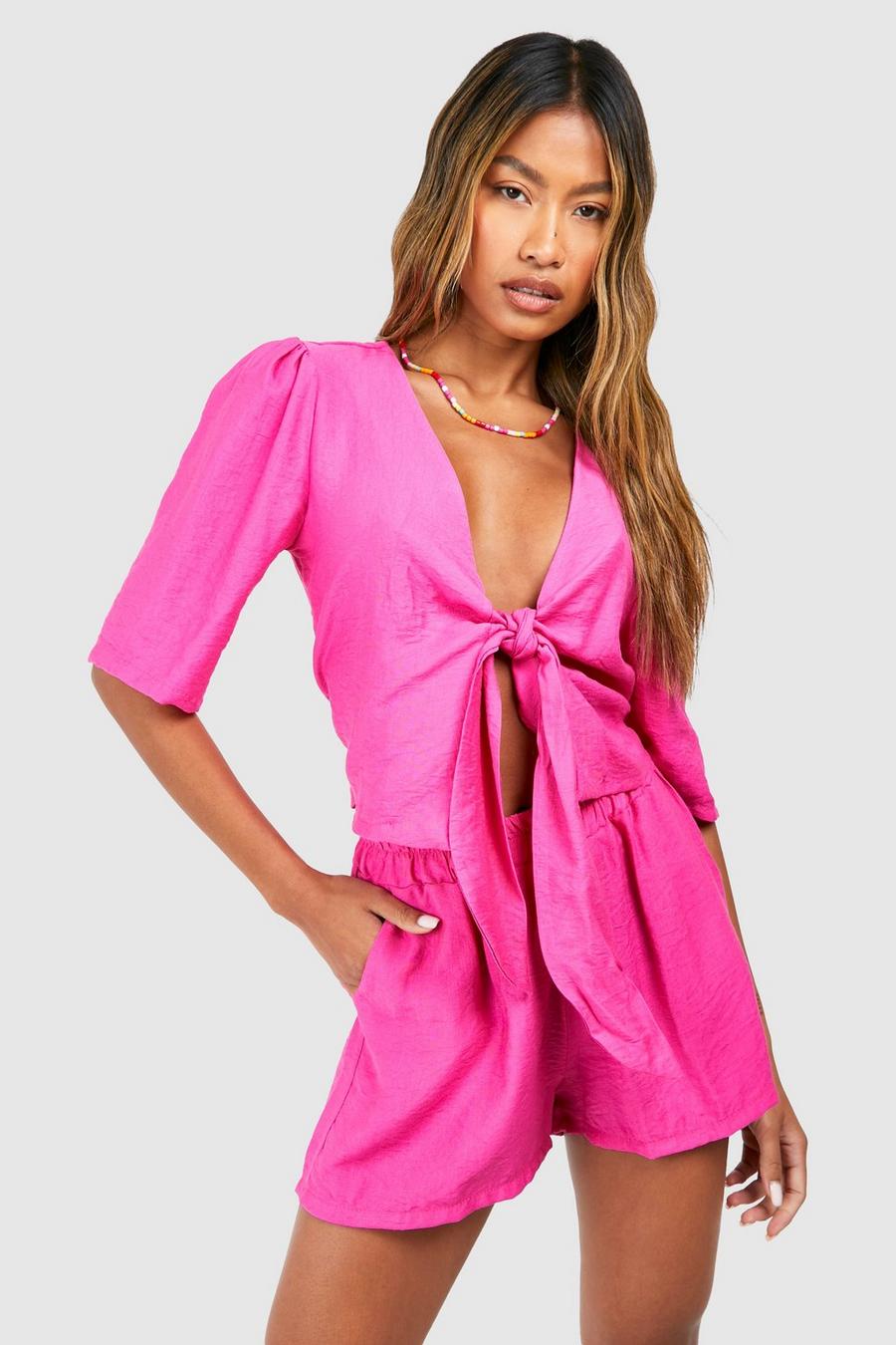 Hot pink Textured Linen Look Knot Front Blouse & Flippy Shorts image number 1