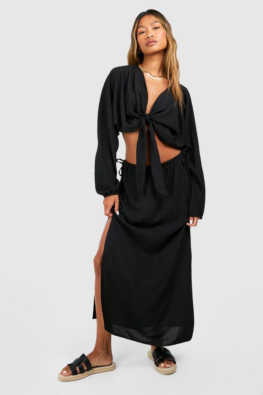Black Hammered Puff Sleeve Tie Front Crop & Midi Skirt image number 1