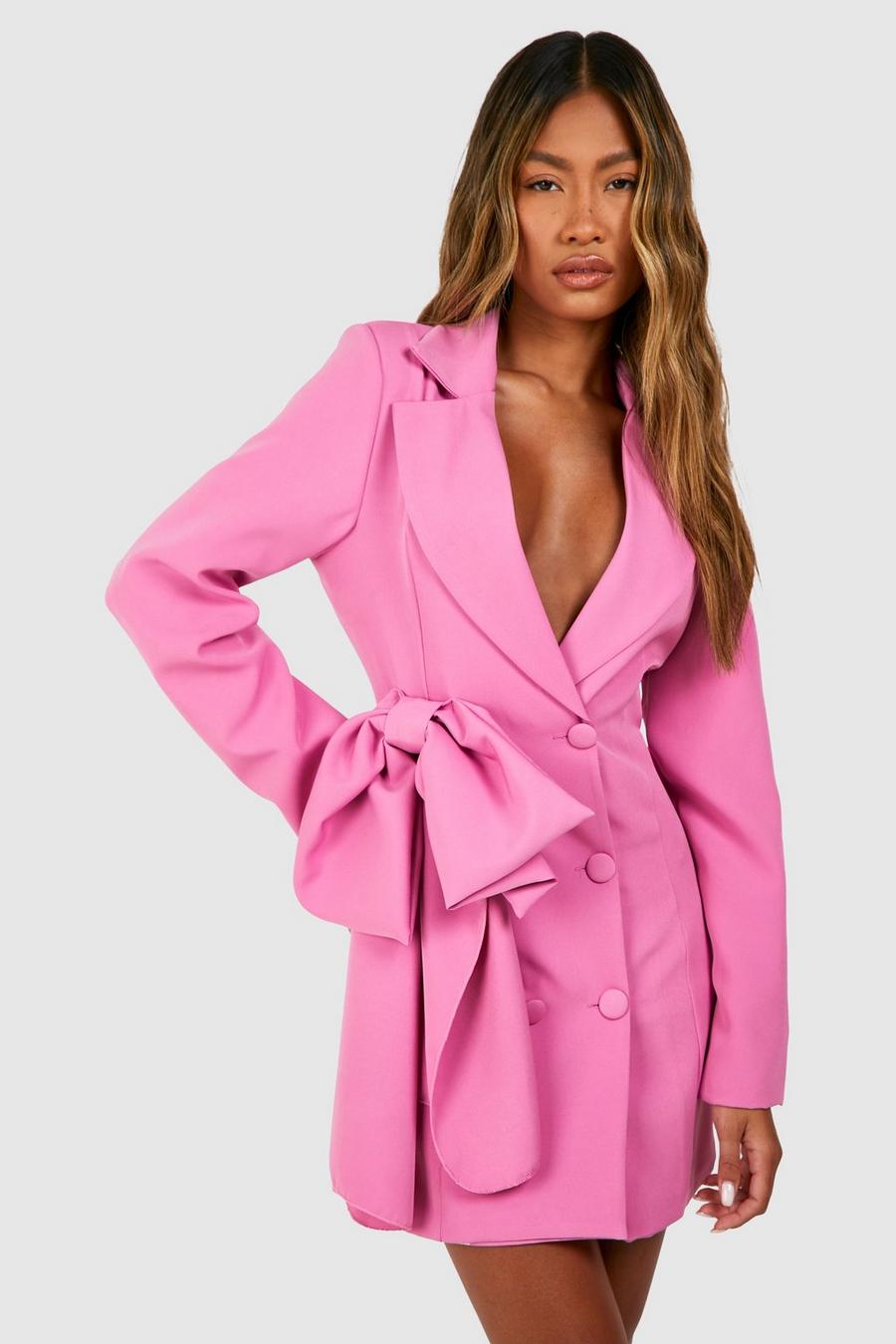 Candy pink Bow Detail Double Breasted Blazer Dress