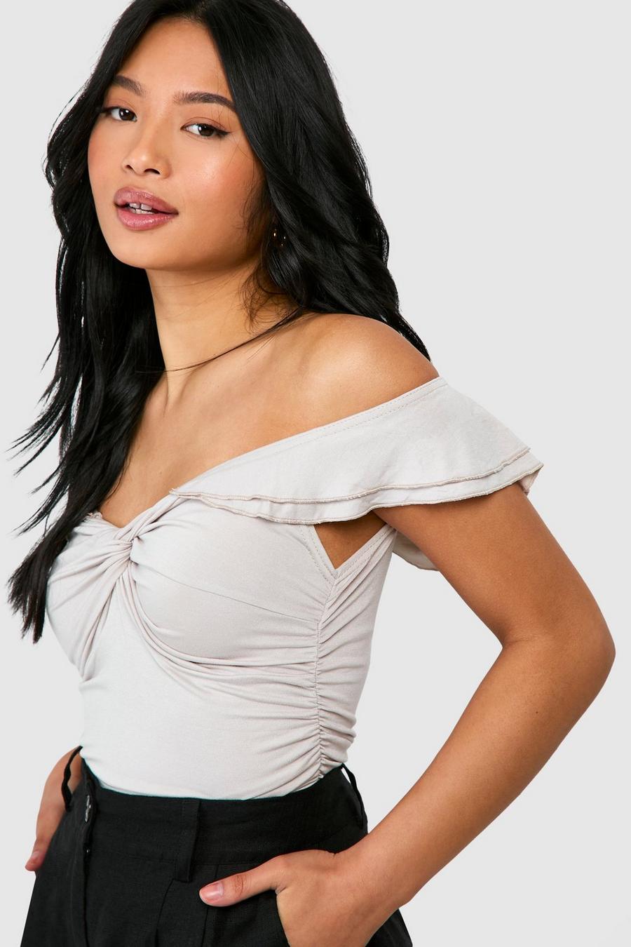 Stone Petite Frill Detail Off The Shoulder Top 