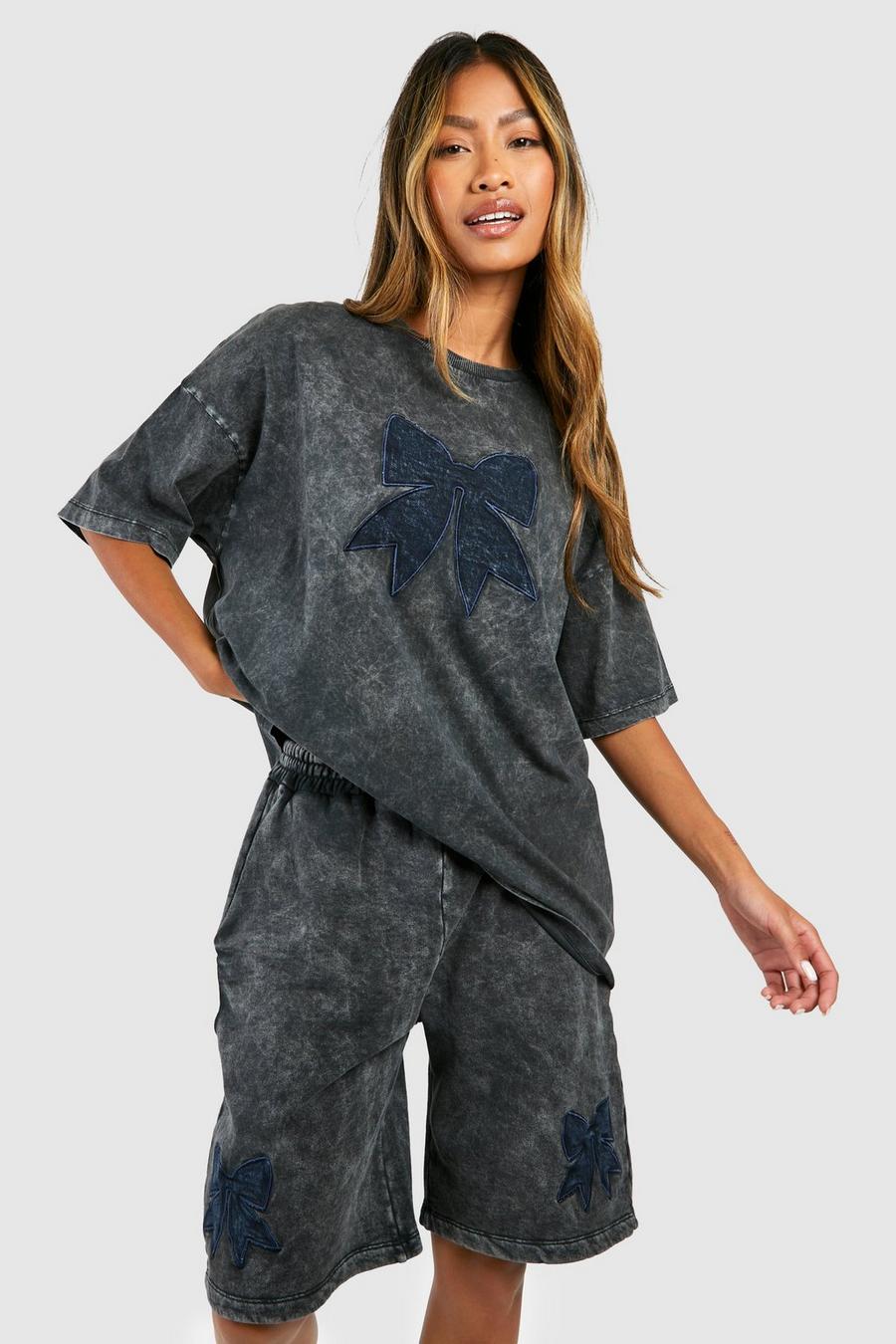 Denim Applique Bow Acid Wash Oversized T-shirt, Charcoal