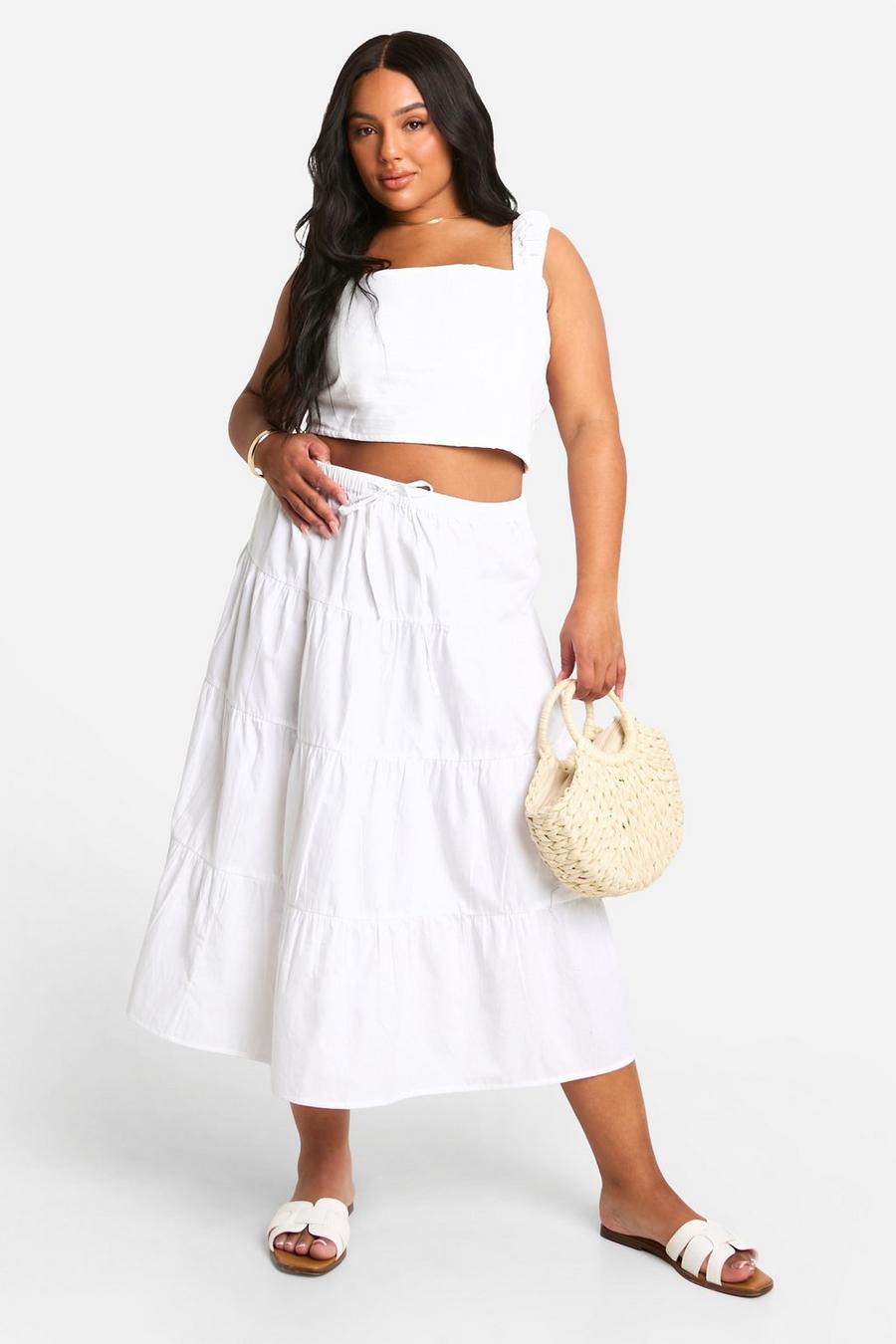 White Plus Cotton Poplin Tiered Midaxi Skirt  
