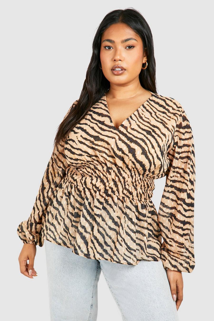 Blusa Plus Size con stampa zebrata, laccetti frontali e arricciature, Brown image number 1