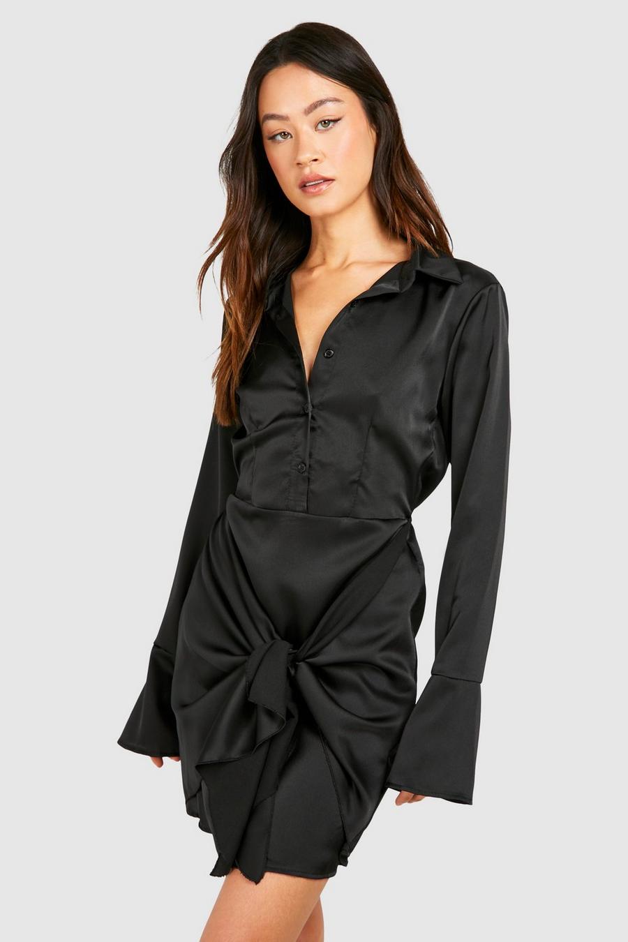 Black Tall Satin Collared Tie Front Shirt Dress  image number 1