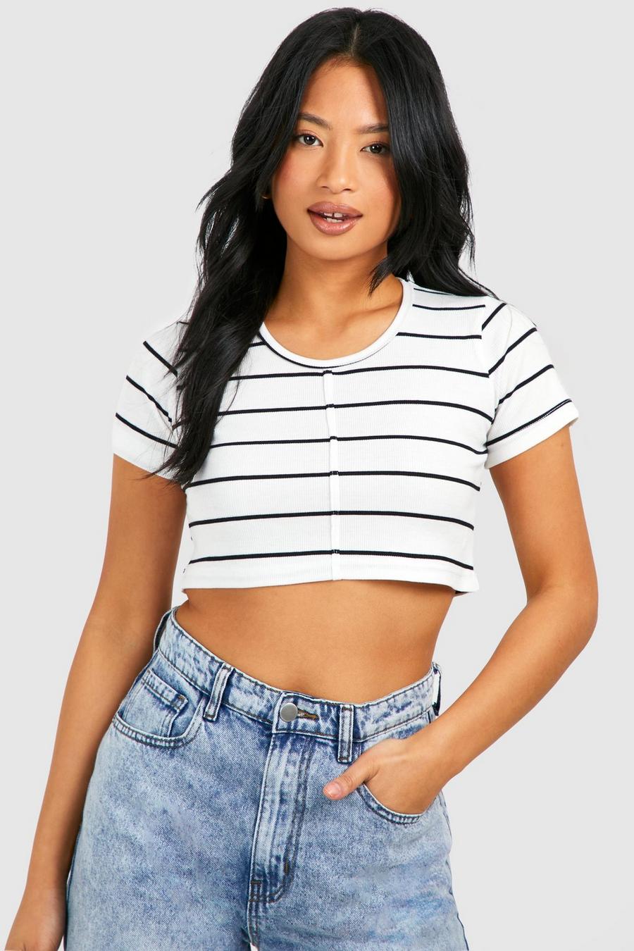 White Petite Stripe Rib Cropped T-shirt