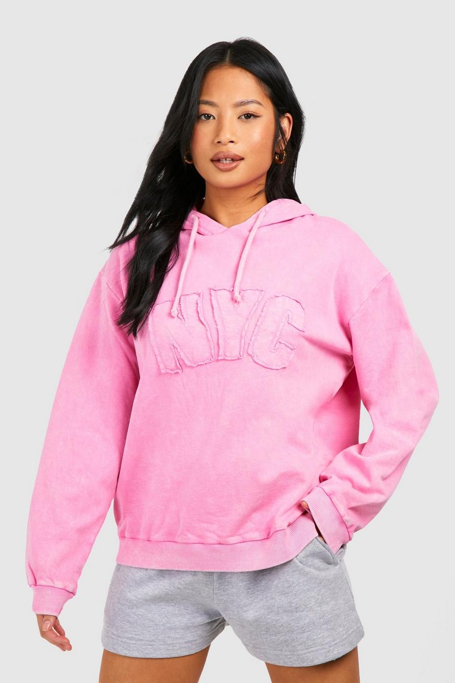 Petite - Sweat à capuche oversize délavé à slogan N.Y.C, Baby pink image number 1